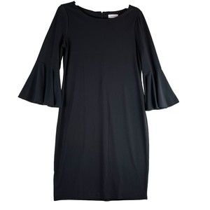 CALVIN KLEIN Black Bell Sleeve Sheath Dress Size 10 Crepe Stretch Boat Neck
